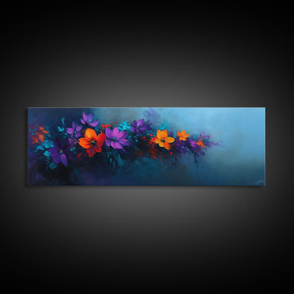 Purple and Orange Flowers on Navy Blue Background, Panoramic Framed Canvas Art, Oil Painting Print, Boho Style Wall Art, Dark Home Decor, Moody Art