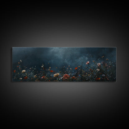 Dark & Moody Wild Flowers At Night, Framed Canvas Print, Panoramic Thought Provoking Wall Art, Above Bed Art, Dark Floral Painting