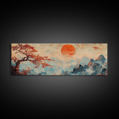 Japanese Maple Tree at Sunset, Vintage Japanese Inspired Woodblock Print Canvas Art, Retro Japanese Art