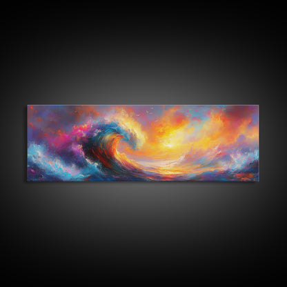 Oil Painting Print of Rainbow Ocean Waves, Retro Farmhouse Beach House Decor, Panoramic Extra Wide Wall Art