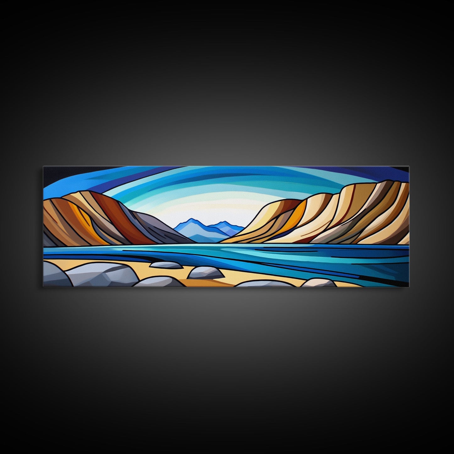 Retro Art Deco Landscape Print, Stained Glass Style Landscape Painting, Wood Framed Wall Art, Horizontal Art, Ultra Wide Panoramic Art