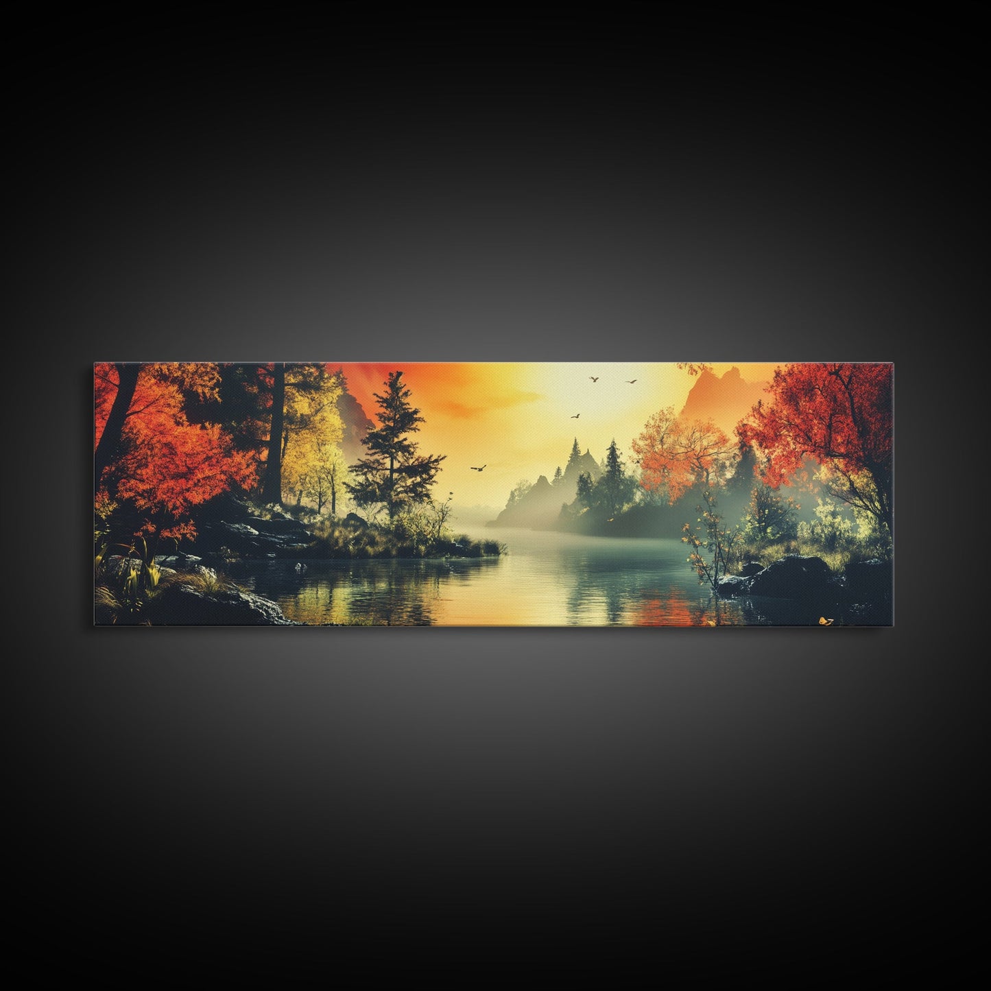 Dark and Moody Landscape, Sunset in the Valley, Framed Canvas Print, Original Artwork Gift Idea, Horizontal Print, Above Sofa, Lake House Decor, Lake Art