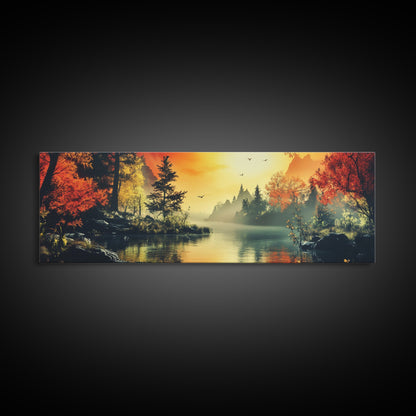 Dark and Moody Landscape, Sunset in the Valley, Framed Canvas Print, Original Artwork Gift Idea, Horizontal Print, Above Sofa, Lake House Decor, Lake Art