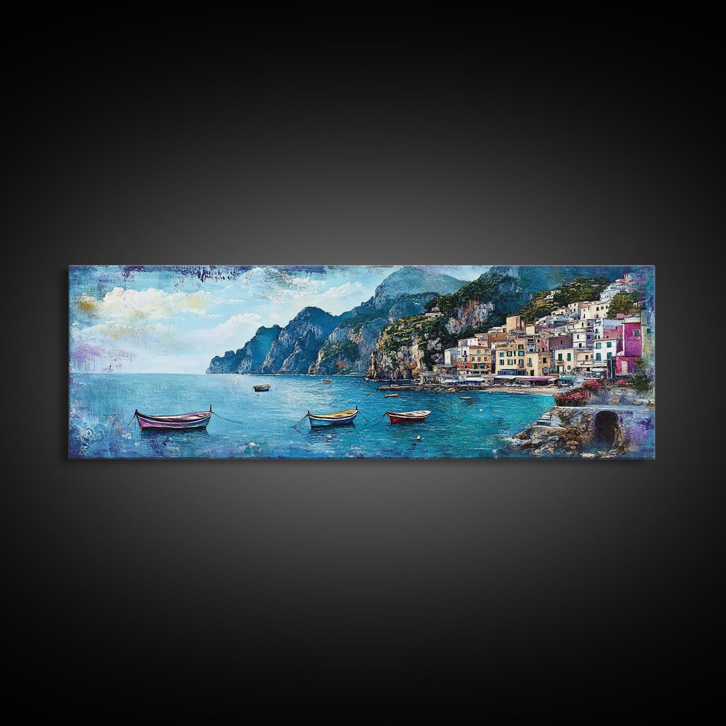 Italian Seaside, Framed Canvas Print, Italy In The Summer, Original Artwork Oil Painting Print, Gift Idea, Horizontal Wood Framed Panoramic Art