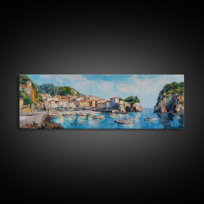 Muted Italian Fishing Village Painting Print, Boho Wall Art, Minimalist Style Panoramic Painting, Extra Large Oversized Wall Art, Home Decor / Gift Idea