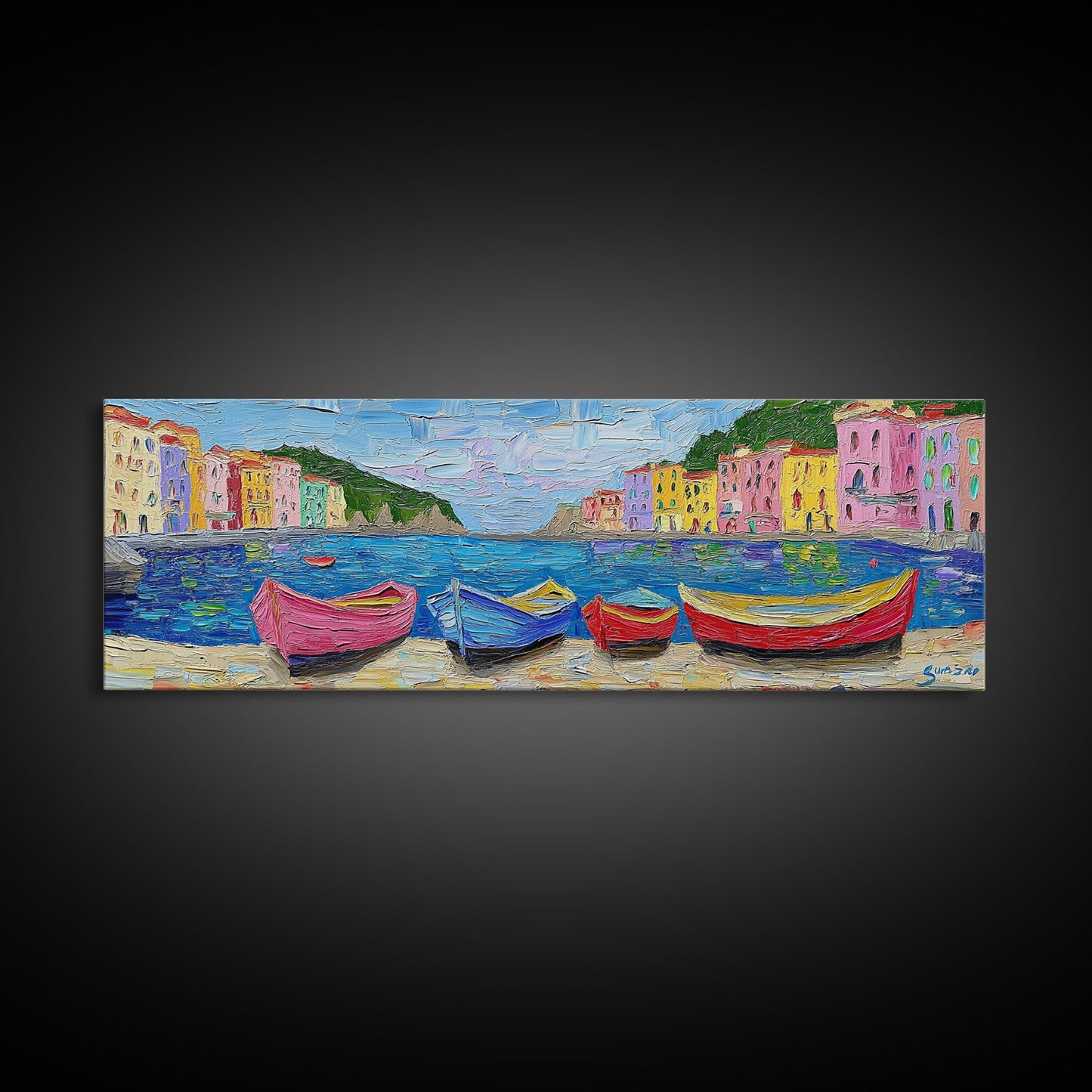 Pastel Row Boats in an Italian Fishing Village, Framed Canvas Print, Original Artwork, Retro Italy Painting, Impasto Style Print