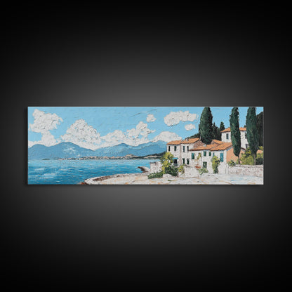 Impressionist Painting of an Italian Seaside Villa, Framed Canvas Print, Italy Village Decor, Ulta Wide Panoramic Landscape Painting