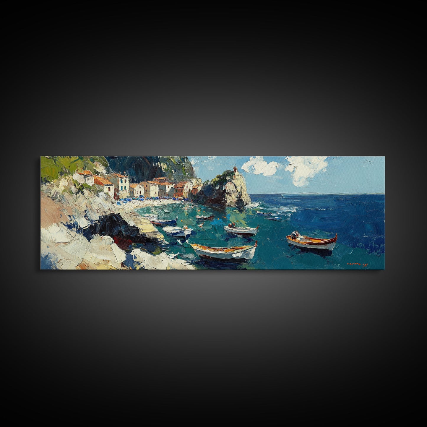 Italian Fishing Village, Vintage Style Canvas Print, Wood Framed Panoramic Wall Art, Italy Vacation Gift, Travel Gift Idea, Impressonist Seascape