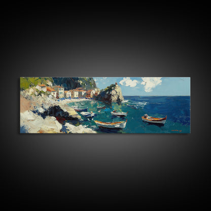 Italian Fishing Village, Vintage Style Canvas Print, Wood Framed Panoramic Wall Art, Italy Vacation Gift, Travel Gift Idea, Impressonist Seascape