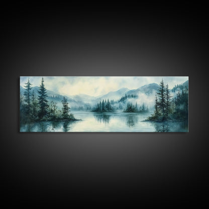 Fog Over The Lake Panoramic Painting Print - Rustic Decor - Panoramic Ultra Wide Wall Art For Above Bed or Sofa - Moody Decor