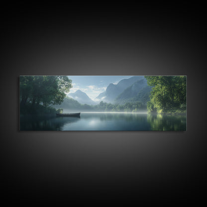 Canoe On The Lake, Framed Canvas Print, Moody Landscape Painting, Realism, Original Artwork, Rustic Lakehouse Decor, Oversized Wall Art
