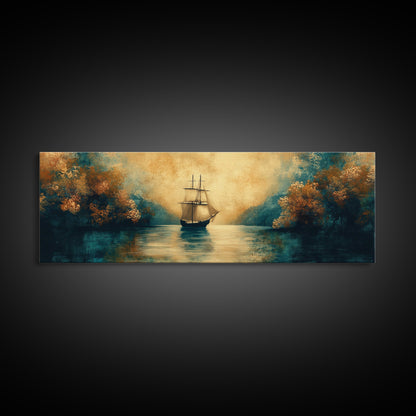 Pirate Ship In The Bay, Fantasy Painting Print, Wood Framed Wall Art, Boy's Room Decor Idea, Gift Idea, Man Cave Wall Art