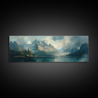 Moody Landscape Painting Print, Overcast Stormy Day In The Mountains, Thought Provoking Wall Art, Oversized Panoramic Ultra Wide Art