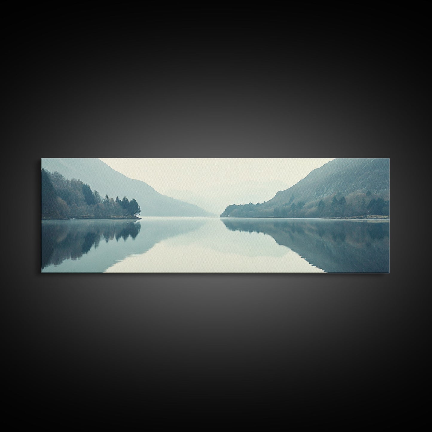 Reflections on an Overcast Day, Framed Canvas Print, Moody Decor, Foggy Landscape Painting, Panoramic Wall Art