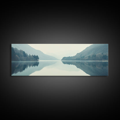 Reflections on an Overcast Day, Framed Canvas Print, Moody Decor, Foggy Landscape Painting, Panoramic Wall Art