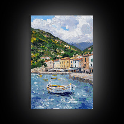 Modern Art Canvas Print - Italian Fishing Village - Italy Oil Painting - Neutral Wall Art - Seascape Painting - Impasto Style Print - Boho