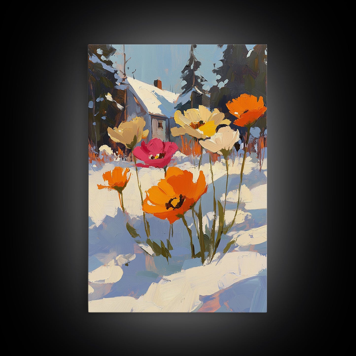 Wild Flowers In The Snow, Framed Canvas Print, Original Floral Painting Print, Modern Wall Art, Modern Custom Art, Winter Art