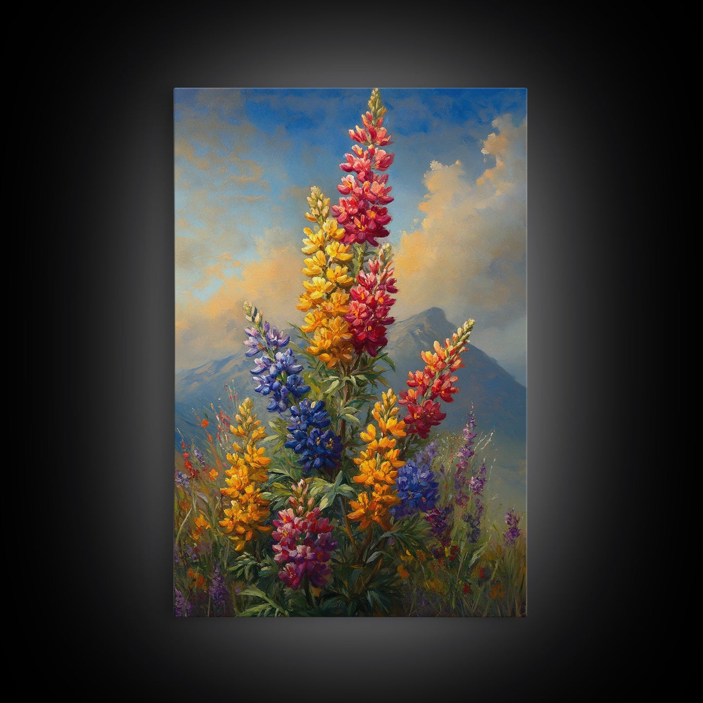 Vintage Style Canvas Print Oil Painting of Wild Flowers On A Mountain Landscape, Framed Canvas, Antique Style Wall Art, Painting of Flowers