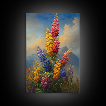 Vintage Style Canvas Print Oil Painting of Wild Flowers On A Mountain Landscape, Framed Canvas, Antique Style Wall Art, Painting of Flowers