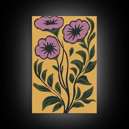 Framed Canvas Canvas Wall Art Mid-Century Modern Boho Flower Print, Purple and Yellow Wall Art, Modern Art Boho Home Decor, Minimalist