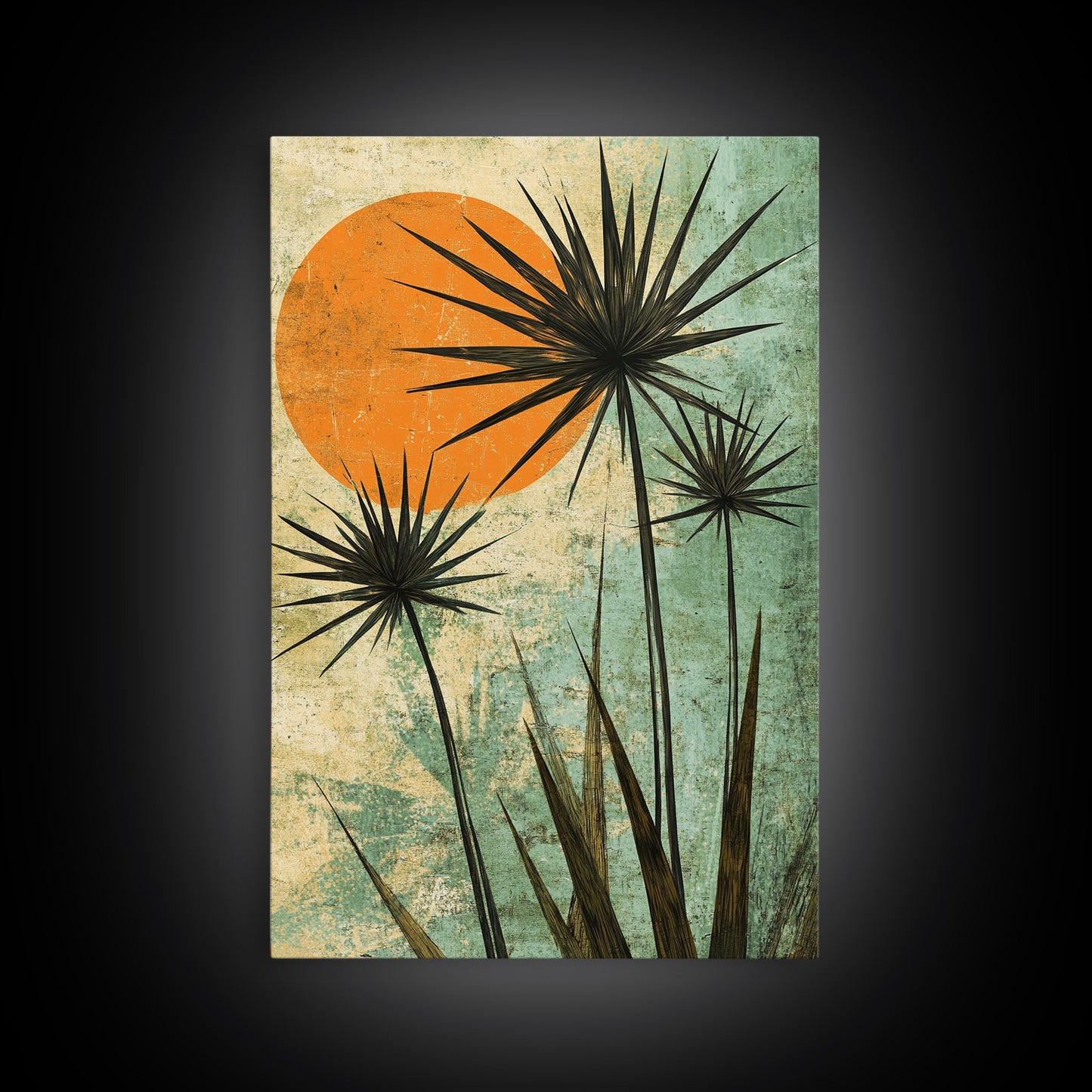 Abstract Palm Trees at Sunset, Framed Canvas Print, MCM Style Wall Art