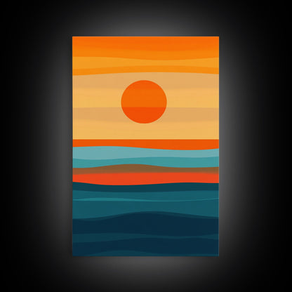 Sunset Over The Ocean Minimalist Print, Vertical Sea Sun Framed Canvas, Waves Line Art, Blue and Orange Sunset Beach House Painting