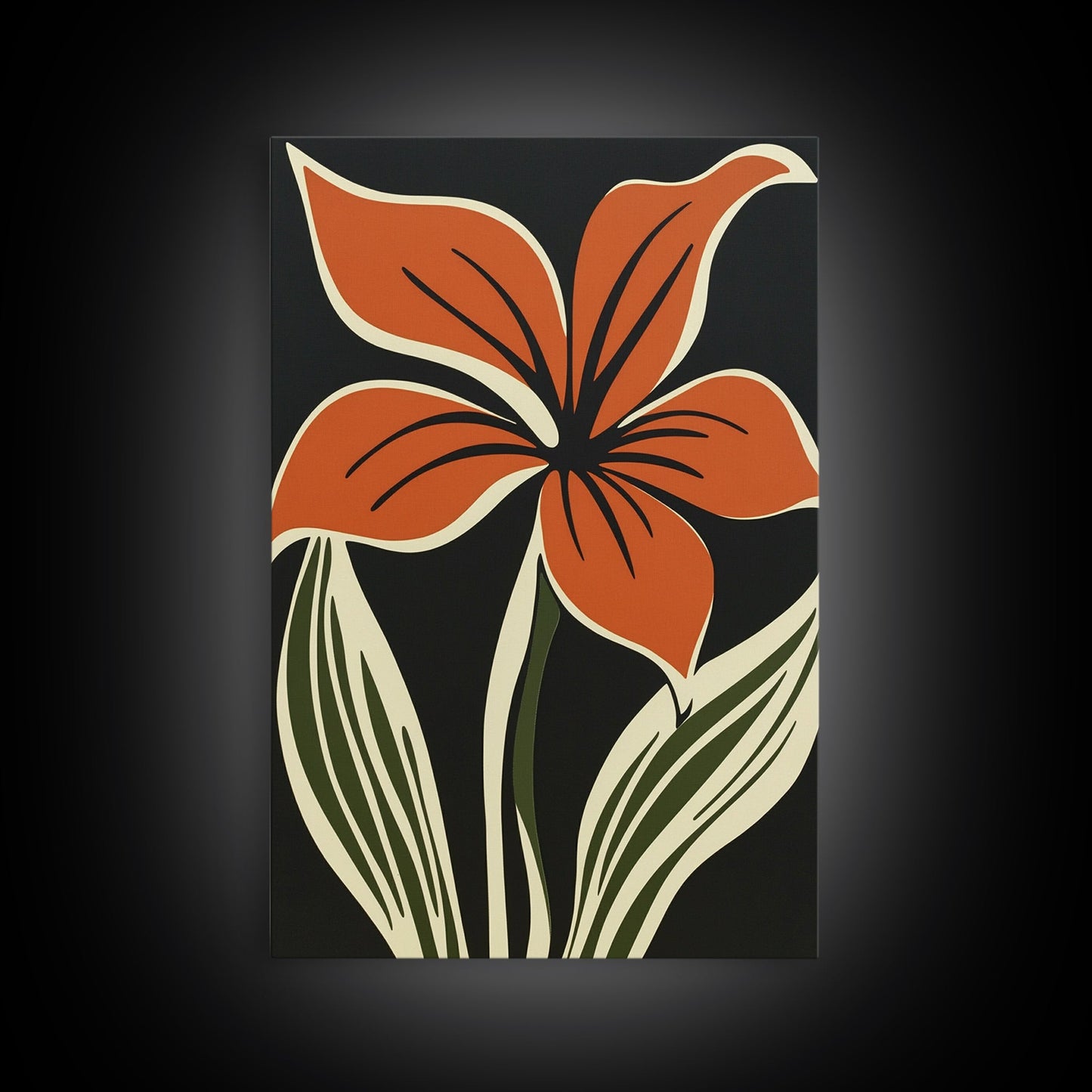 Orange Flower on Black Background, MCM Style Art, Framed Canvas Print