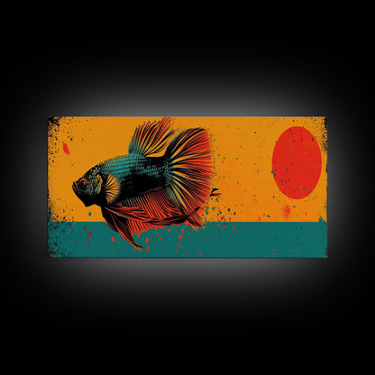 Retro 80s Style Painting of a Betta Fish, Framed Canvas Print, Home Decor Gift Artwork, Fish Painting, Betta Fish Art
