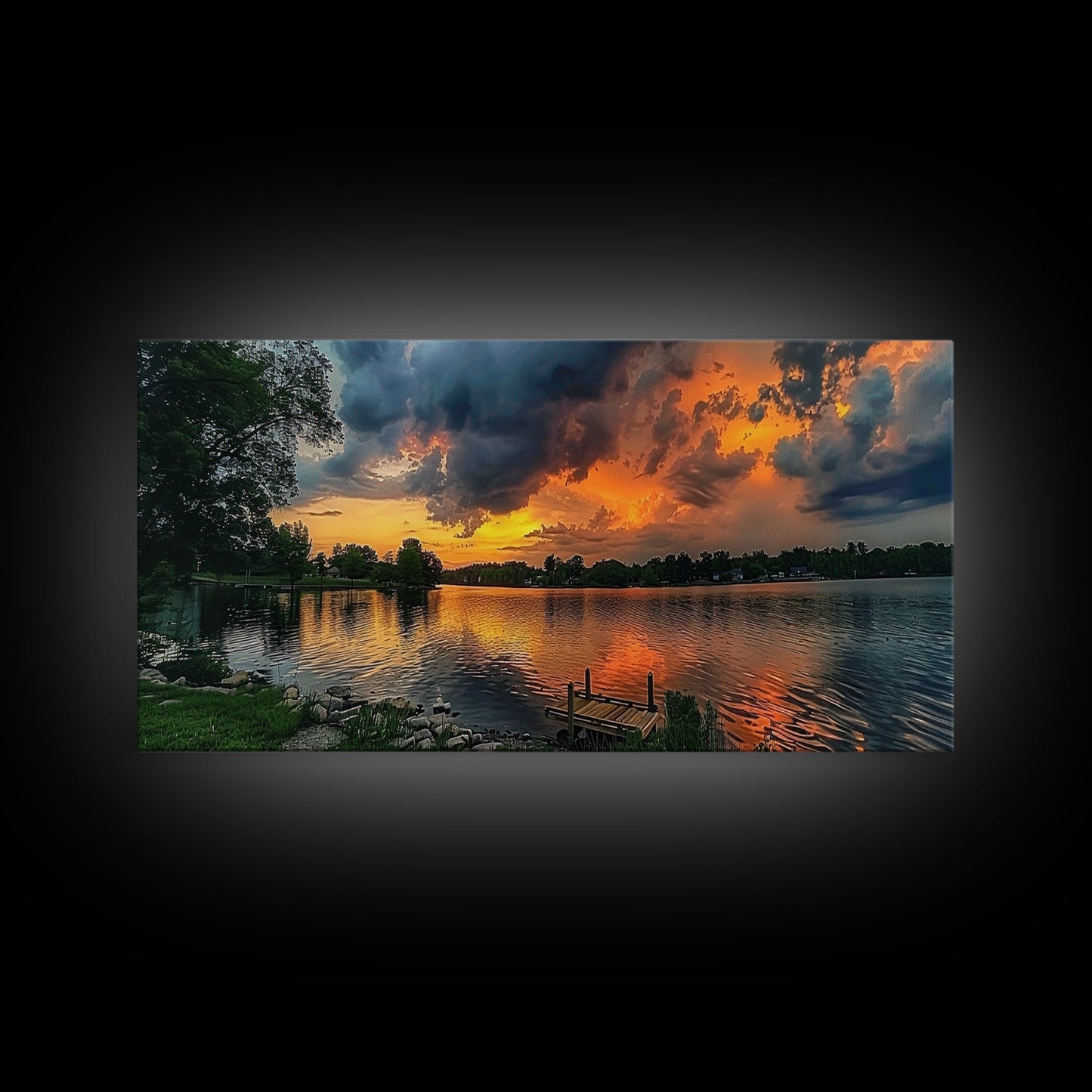 Sunset On The Lake Framed Canvas Print, Lakehouse Decor, Rustic Modern Farmhouse Wall Art, Photography Style Landscape Art