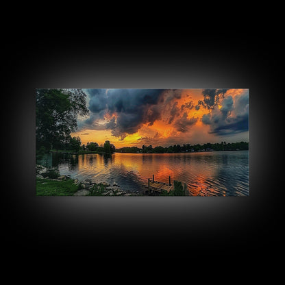 Sunset On The Lake Framed Canvas Print, Lakehouse Decor, Rustic Modern Farmhouse Wall Art, Photography Style Landscape Art