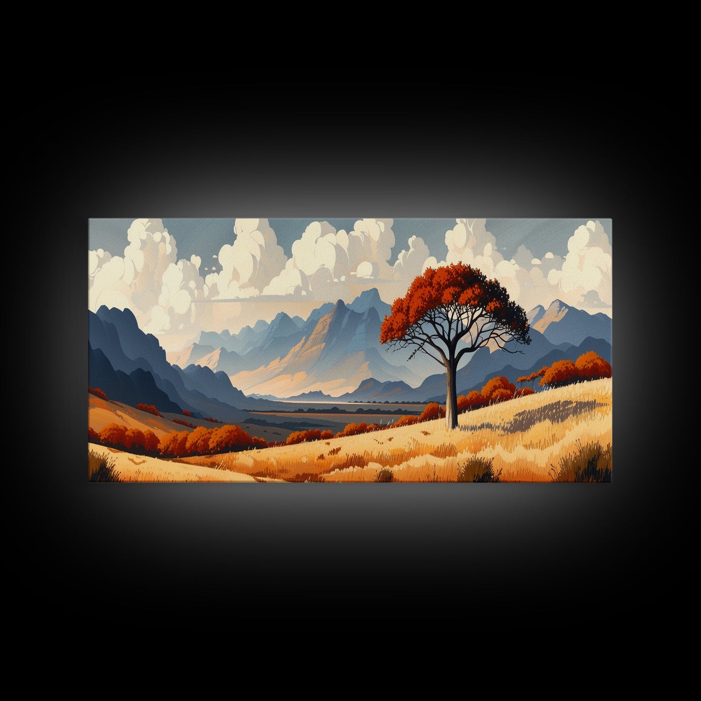 Landscape Print, Muted Southwestern Landscape, Hazy Mountain Valley Oil Painting Print, Panoramic Wall Art, Calm Above Bed Art