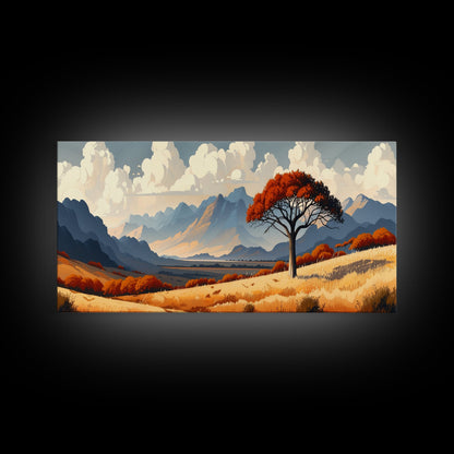 Landscape Print, Muted Southwestern Landscape, Hazy Mountain Valley Oil Painting Print, Panoramic Wall Art, Calm Above Bed Art