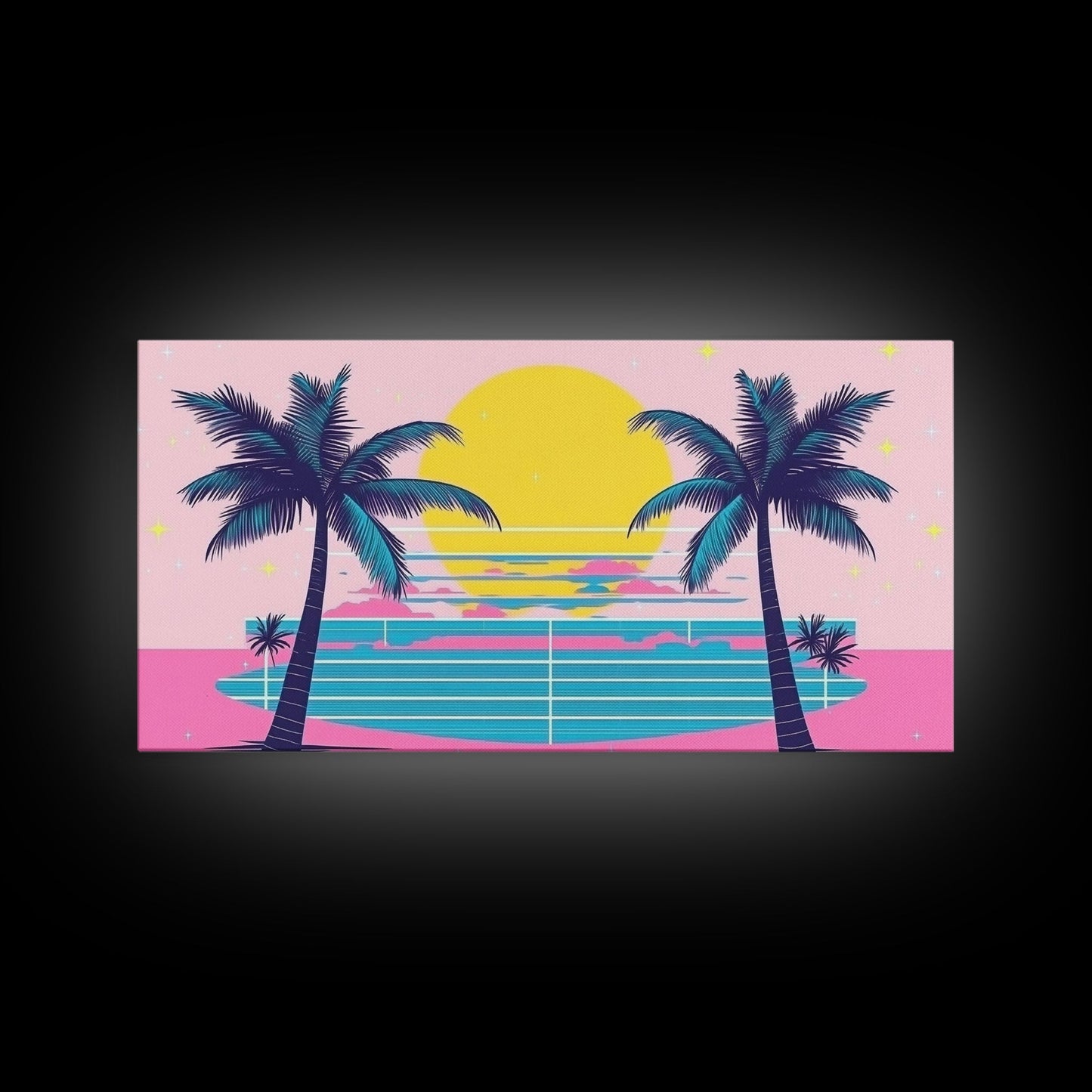 Retro Synthwave Wall Art, Outrun Home Decor Framed Canvas Print, Two Palm Trees and a Sunset