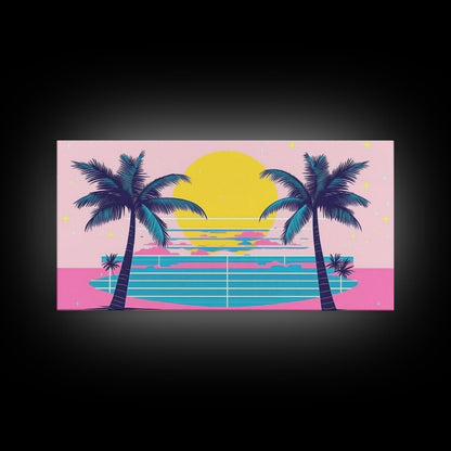 Retro Synthwave Wall Art, Outrun Home Decor Framed Canvas Print, Two Palm Trees and a Sunset