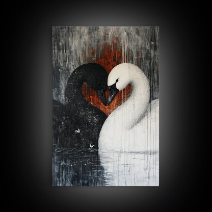 Two Swans in Love, Framed Canvas Print, Goth Decor, Wedding Gift Idea, Engagement Gift, Gift For Couples, Swan Painting, Swan Art
