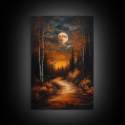 Full Moon Over The Haunted Forest, Framed Canvas Print, Wood Framed Wall Art, Dark Academia Witchy Decor, Moody Home Decor