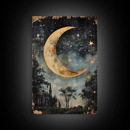 Mystical Moon Painting Print, Folk Art Canvas Print, Eerie Atmospheric Wall Art, Subdued and Moody Home Decor, Crescent Moon Painting