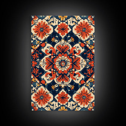 Floral Pattern Wall Art, Mexican Tile Pattern Framed Canvas Print, Chicano Art, Textile Inspired Wall Art, Southwestern Pueblo Style Art