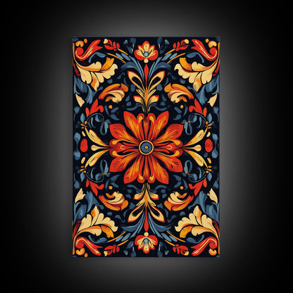 Botanical Floral Tile Pattern Framed Canvas Print, Southwestern Decor, Modern Farmhouse, Pueblo Style Art, Mexicano Chicano Art