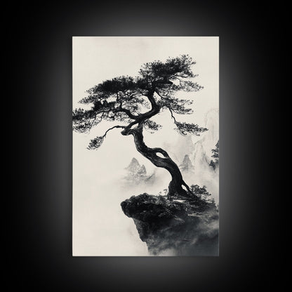 Bonzai Tree on a Cliff Wabi Sabi Painting Print, Wood Framed Wall Art, Bonzai Tree Art, Japanese Style Artwork