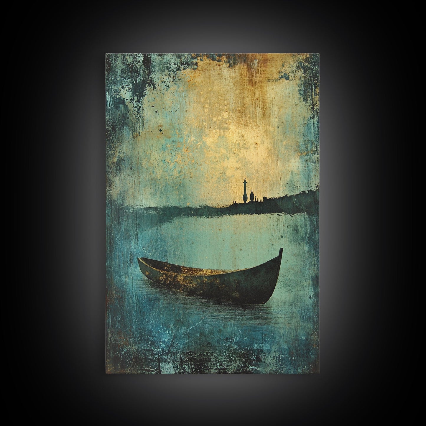 Canoe on the Lake Framed Canvas Print, Nautical Decor, Lakehouse Art, Abstract Lakehouse Painting, Lake Decor