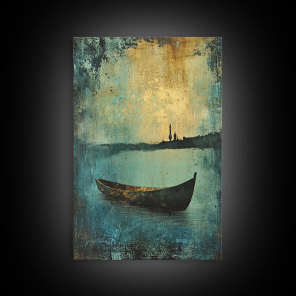 Canoe on the Lake Framed Canvas Print, Nautical Decor, Lakehouse Art, Abstract Lakehouse Painting, Lake Decor