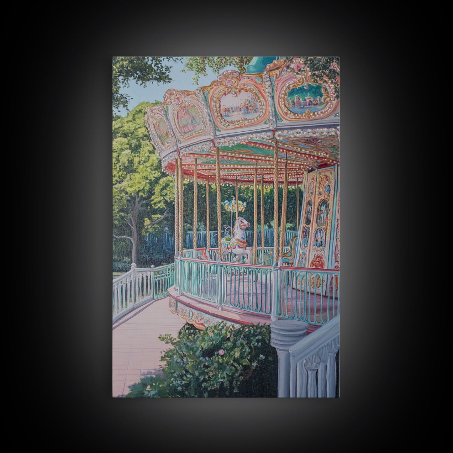 Nursery Decor Framed Canvas Print, Wall Decor for Girl's Room, Carrousel Oil Painting, Oil Painting of a Carrousel