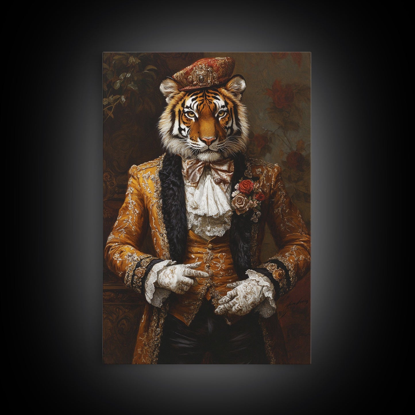 The Dapper Tiger Gentleman Portrait Framed Canvas Print, Whimsical Home Decor, Eclectic Decor, Kitsch Wall Art, Preppy Wall Art, Glam Decor