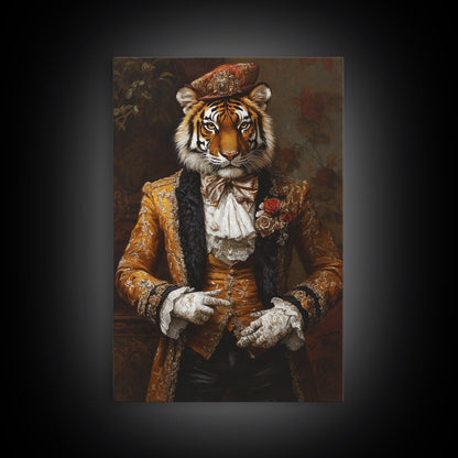 The Dapper Tiger Gentleman Portrait Framed Canvas Print, Whimsical Home Decor, Eclectic Decor, Kitsch Wall Art, Preppy Wall Art, Glam Decor