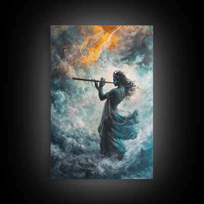 Hindu Art, Radha Krishna Playing Flute Painting Print, Hinduism Wall Art Wood Framed Canvas Print