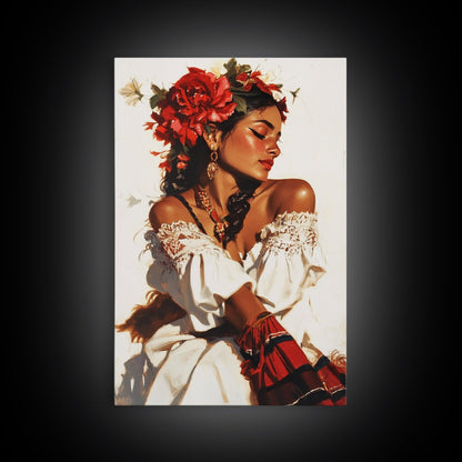 Mexican Floral Latina Portrait Canvas Print, Romatic Mariachi Wall Decor, Southwestern Modern Art, Rustic Mexicano Wall Art, Chicano Painting