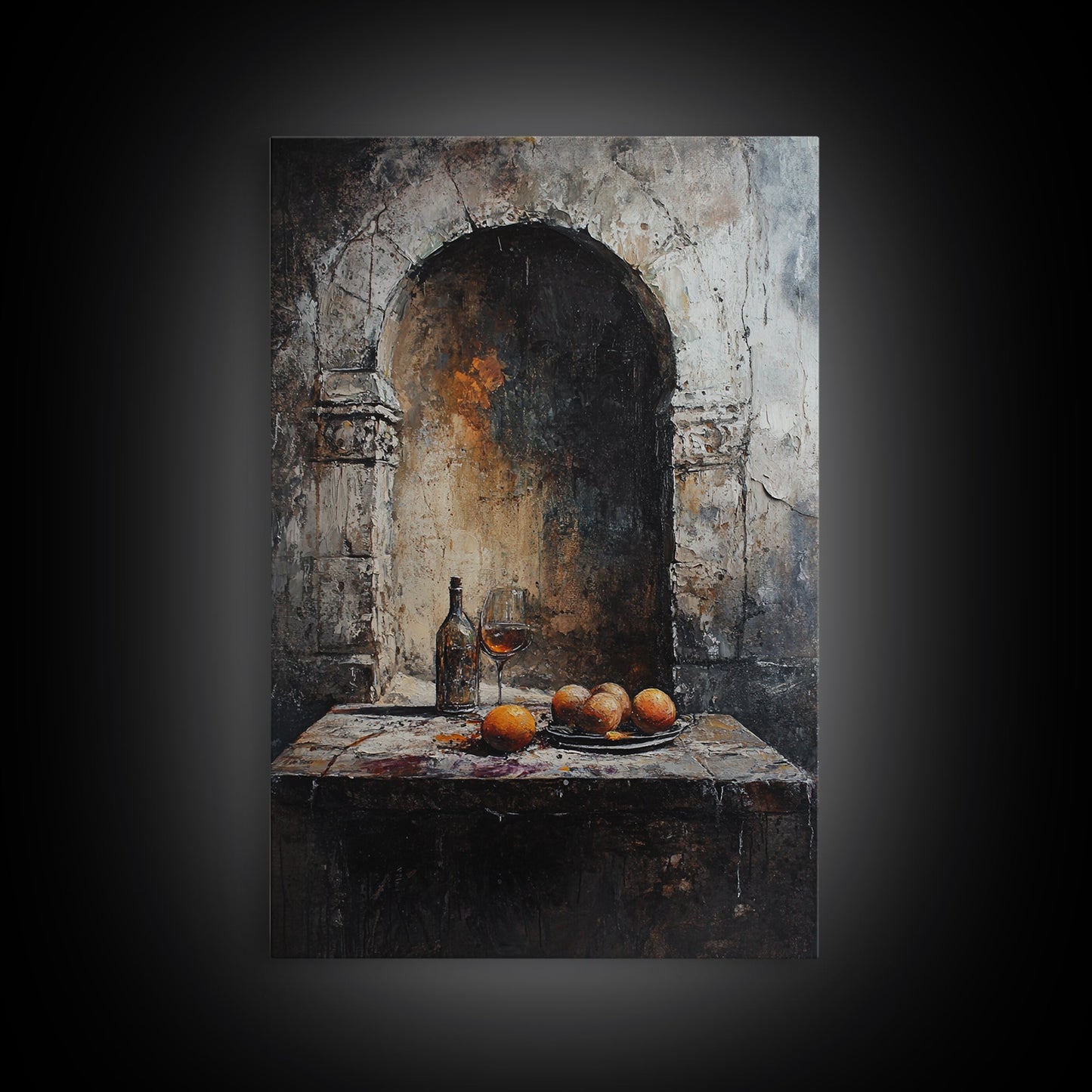 Medieval Kitchen Wall Art, Rustic Home Decor, Framed Canvas Print, Kitchen Home Decor, Dining Room Wall Art, Wine and Fruit Still Life Painting