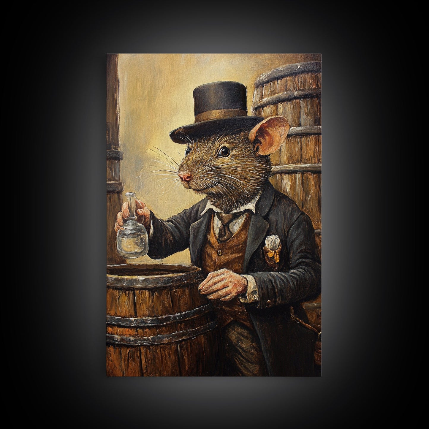 Rats with Jobs, Framed Canvas Print, Rat Painting, The Rat Whiskey Distiller, Cute Rat Home Decor