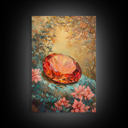 Gemstone Painting Print, Framed Canvas Print, Gemstones Wall Art, Precious Stone Painting, Red Gem, Ruby Painting, Antique Minerals Art
